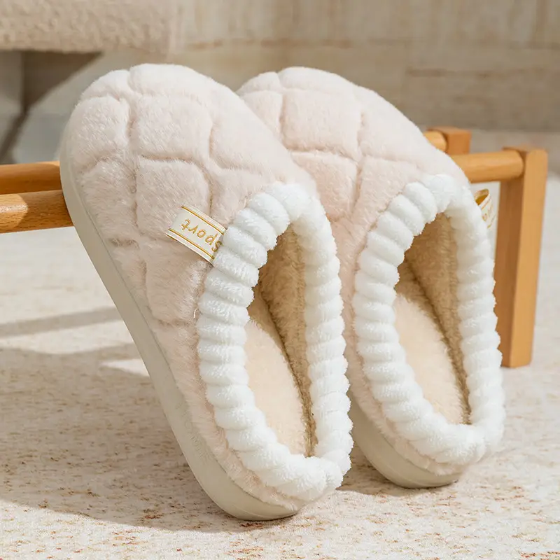 Women's White Quilted Cotton Slippers Winter Warm Indoor - Image 3