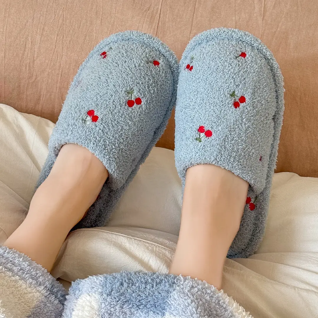 Cute Cherry Cotton Slippers for Women Autumn and Winter Plush Warm Home Indoor Ladies Home Non-Slip Floor Mop Wholesale