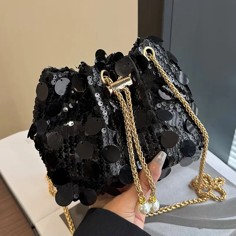 Trendy Sequin Bucket Bag Gold Chain Shoulder Crossbody - Image 2