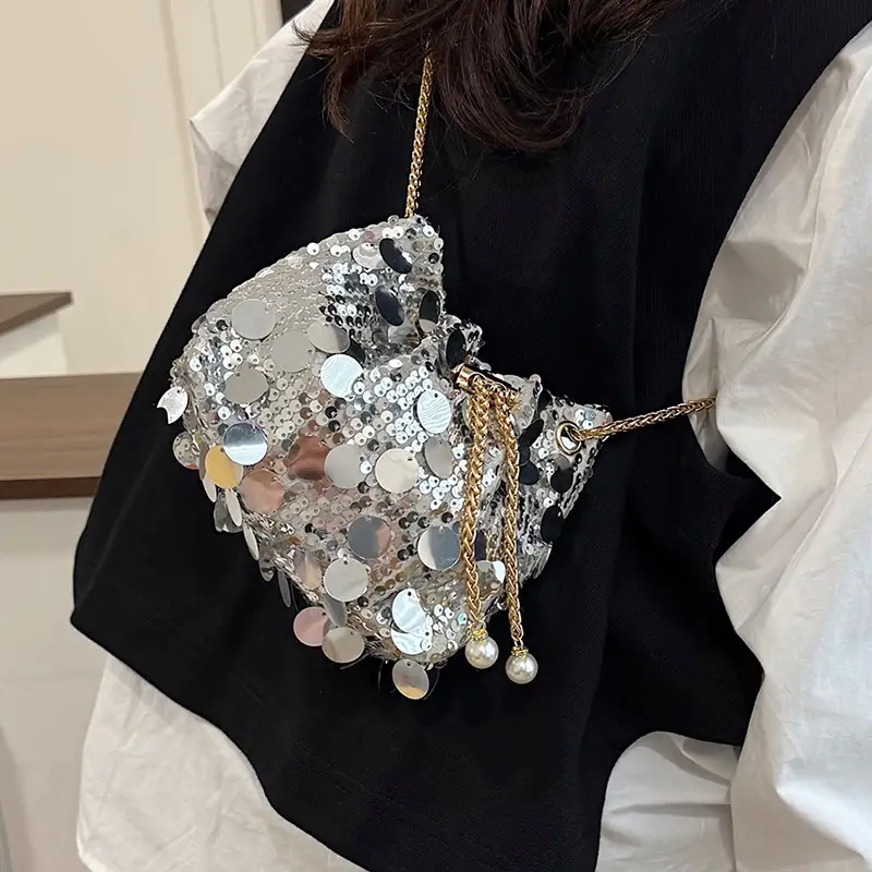 Trendy Sequin Bucket Bag Gold Chain Shoulder Crossbody - Image 4