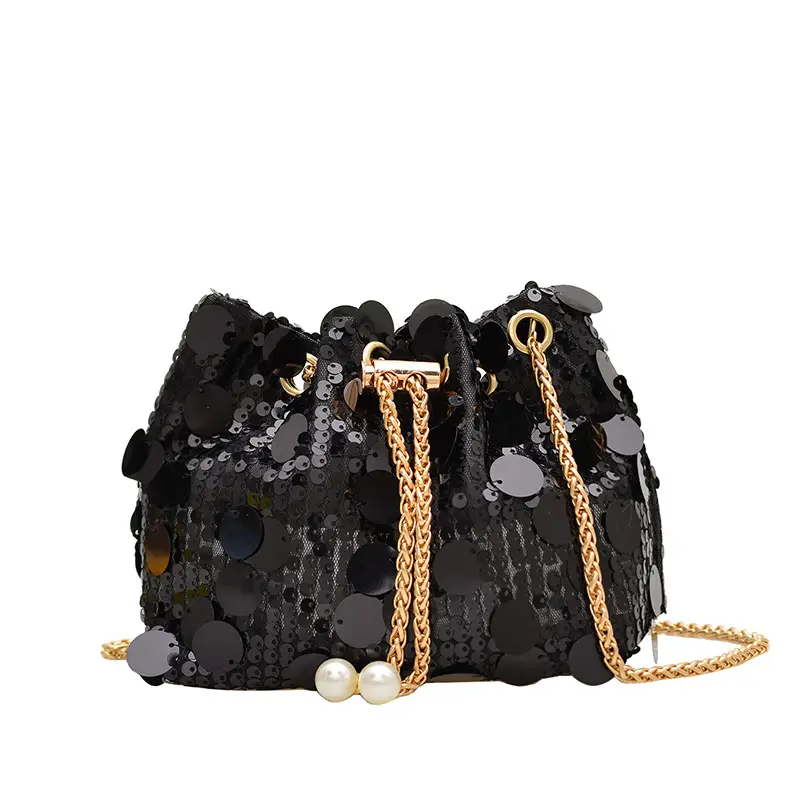 Trendy Sequin Bucket Bag Gold Chain Shoulder Crossbody - Image 5