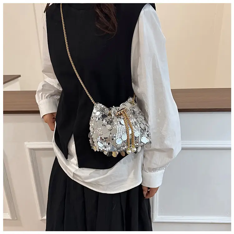 Trendy Sequin Bucket Bag Gold Chain Shoulder Crossbody — feature 11