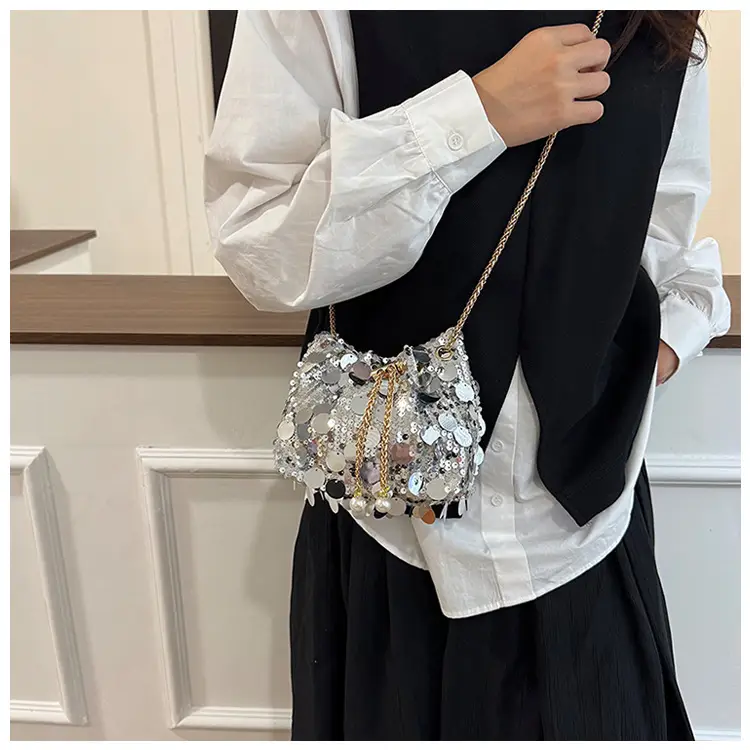 Trendy Sequin Bucket Bag Gold Chain Shoulder Crossbody — feature 12