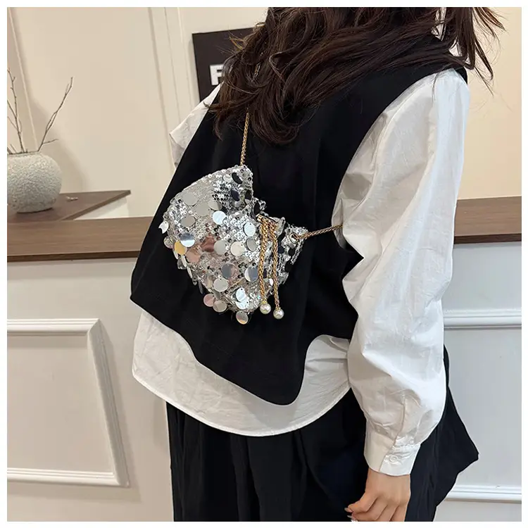Trendy Sequin Bucket Bag Gold Chain Shoulder Crossbody — feature 13