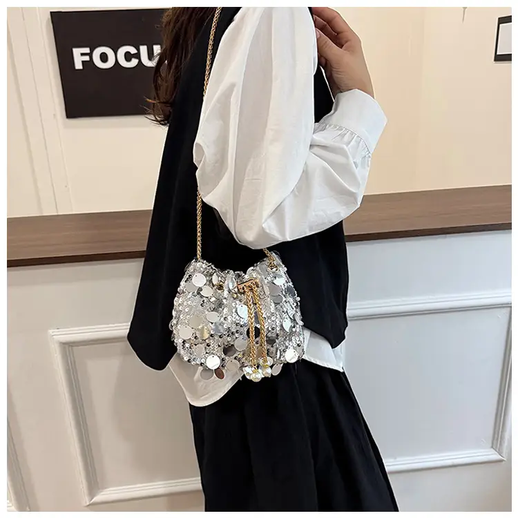 Trendy Sequin Bucket Bag Gold Chain Shoulder Crossbody — feature 14