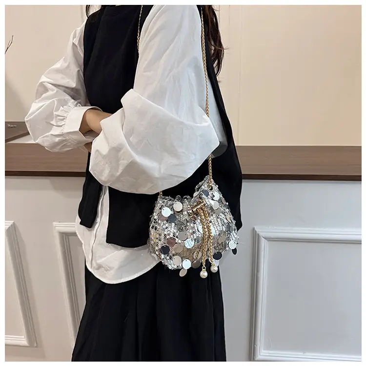 Trendy Sequin Bucket Bag Gold Chain Shoulder Crossbody — feature 15