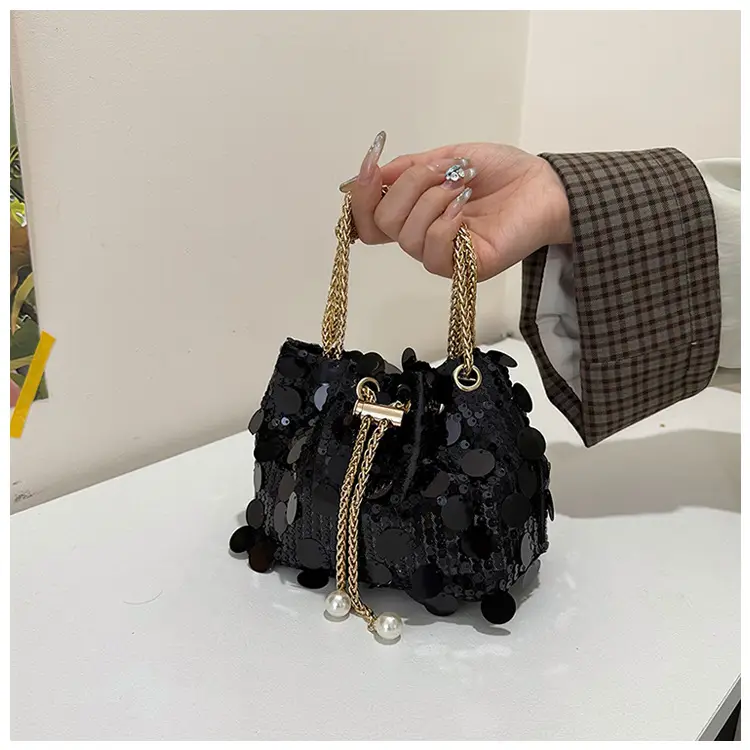 Trendy Sequin Bucket Bag Gold Chain Shoulder Crossbody — feature 17