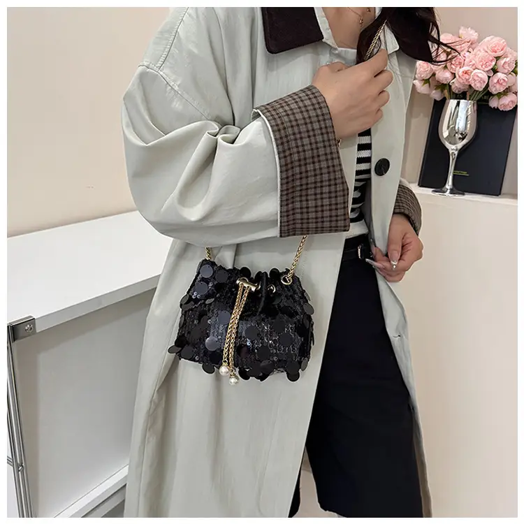 Trendy Sequin Bucket Bag Gold Chain Shoulder Crossbody — feature 18