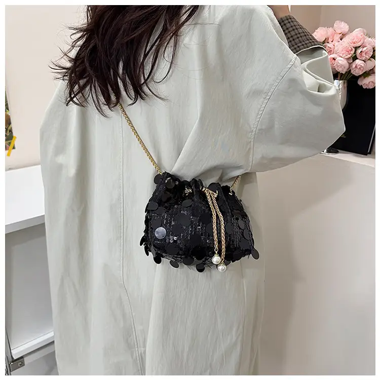 Trendy Sequin Bucket Bag Gold Chain Shoulder Crossbody — feature 19