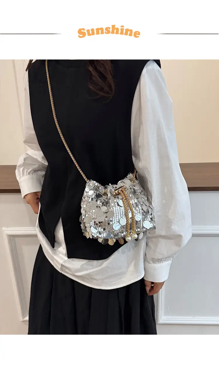 Trendy Sequin Bucket Bag Gold Chain Shoulder Crossbody — feature 2