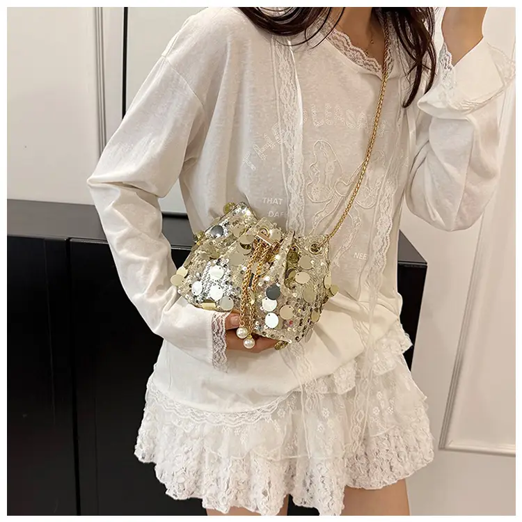 Trendy Sequin Bucket Bag Gold Chain Shoulder Crossbody — feature 26