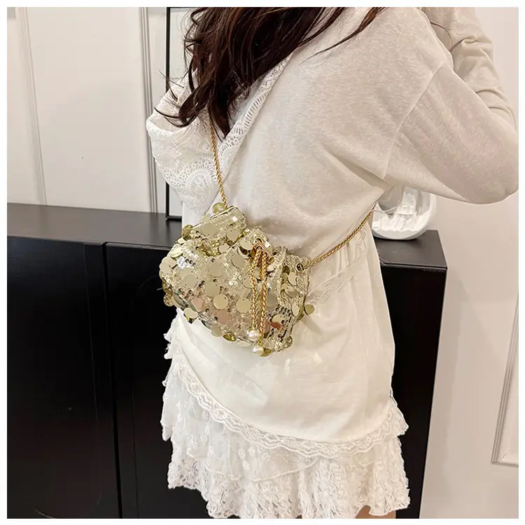 Trendy Sequin Bucket Bag Gold Chain Shoulder Crossbody — feature 27