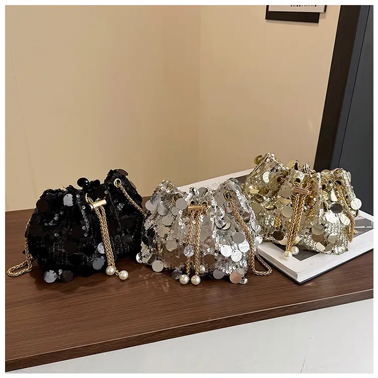 Trendy Sequin Bucket Bag Gold Chain Shoulder Crossbody — feature 32