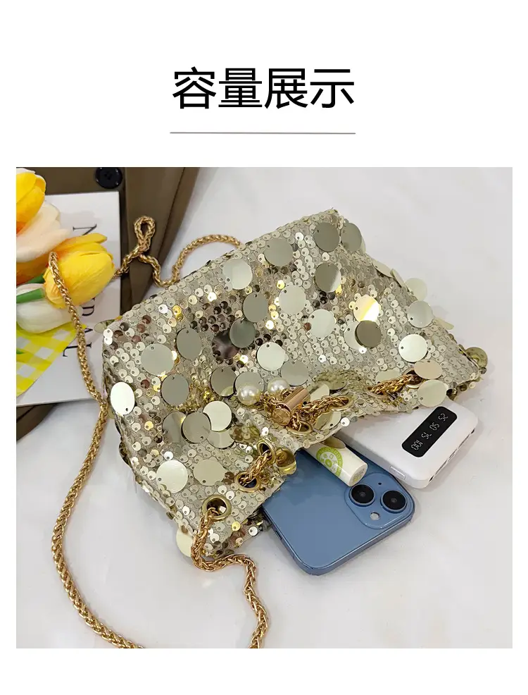 Trendy Sequin Bucket Bag Gold Chain Shoulder Crossbody — feature 7