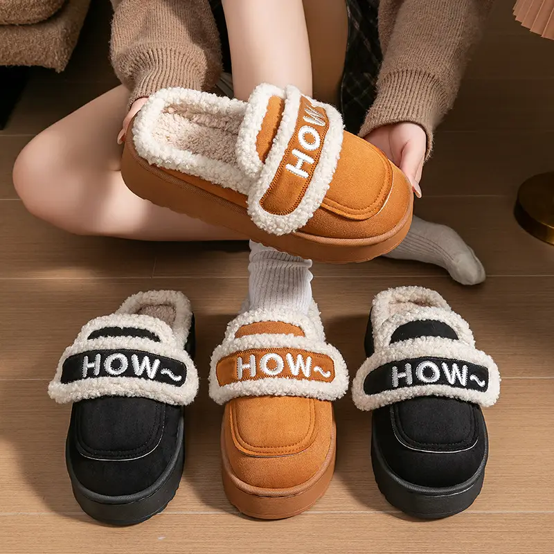 Women Winter Fleece Lined Cotton Slippers Brown Black - Image 6