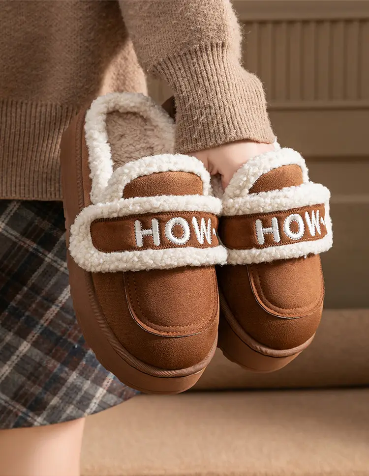 Women Winter Fleece Lined Cotton Slippers Brown Black — feature 14