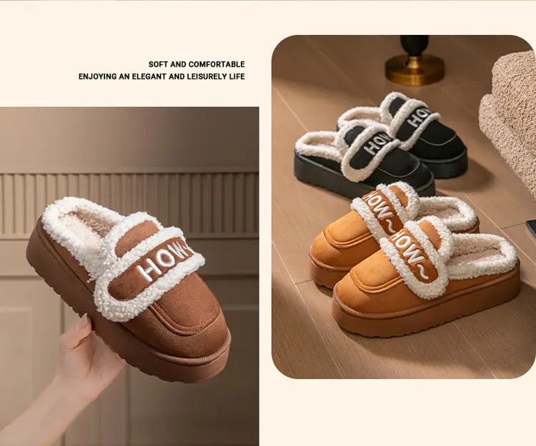 Women Winter Fleece Lined Cotton Slippers Brown Black — feature 15