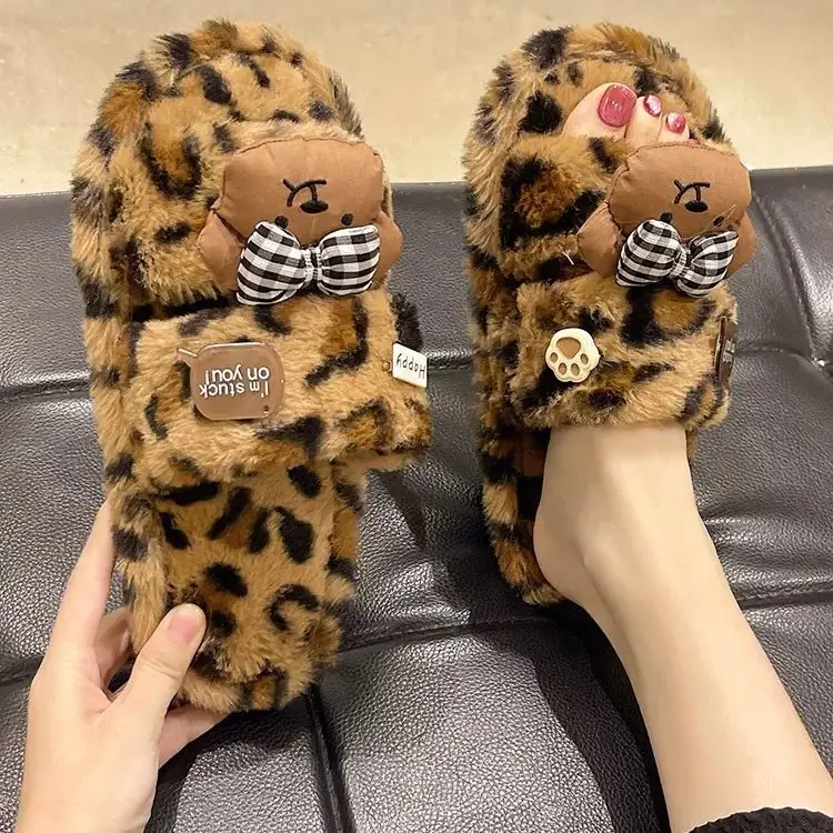 Cute Bow Bear Leopard Print Furry Slippers Women - Image 3
