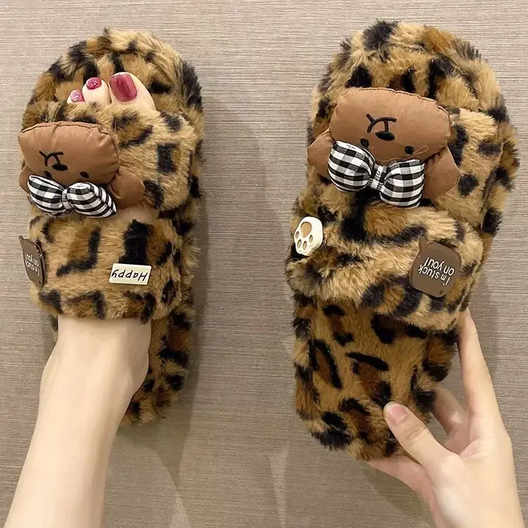 Cute Bow Bear Leopard Print Furry Slippers Women - Image 4