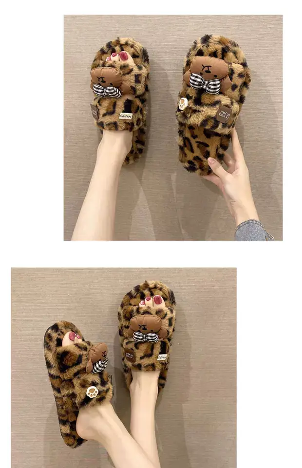 Cute Bow Bear Leopard Print Furry Slippers Women — feature 11