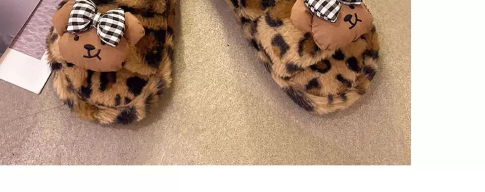 Cute Bow Bear Leopard Print Furry Slippers Women — feature 14