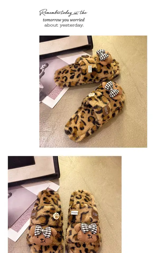 Cute Bow Bear Leopard Print Furry Slippers Women — feature 15