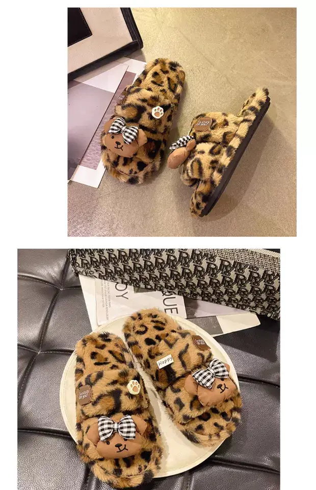 Cute Bow Bear Leopard Print Furry Slippers Women — feature 17