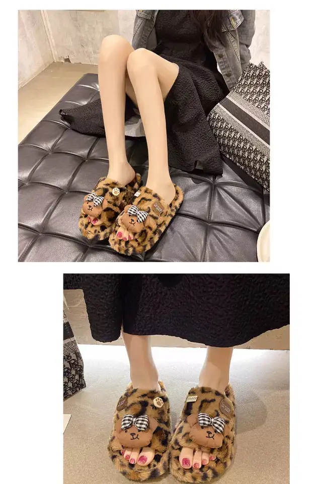 Cute Bow Bear Leopard Print Furry Slippers Women — feature 5