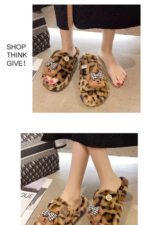 Cute Bow Bear Leopard Print Furry Slippers Women — feature 7