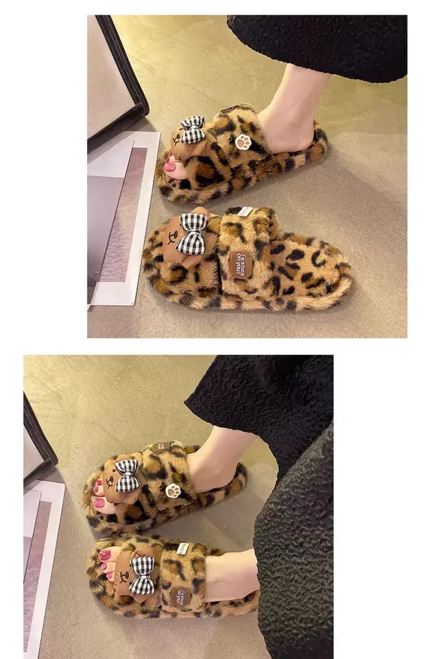 Cute Bow Bear Leopard Print Furry Slippers Women — feature 9