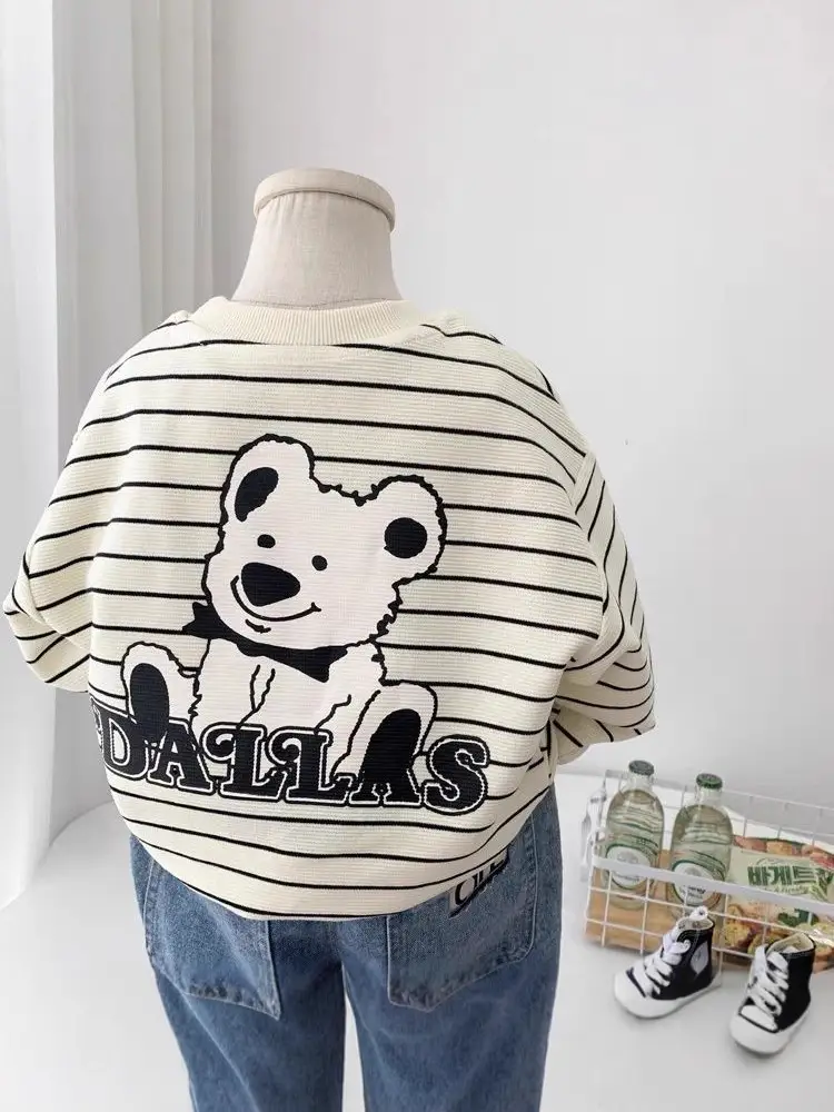 Boys Cotton Striped Long Sleeve T-Shirt Panda Print - Image 3