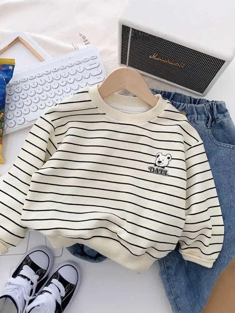Boys Cotton Striped Long Sleeve T-Shirt Panda Print - Image 4
