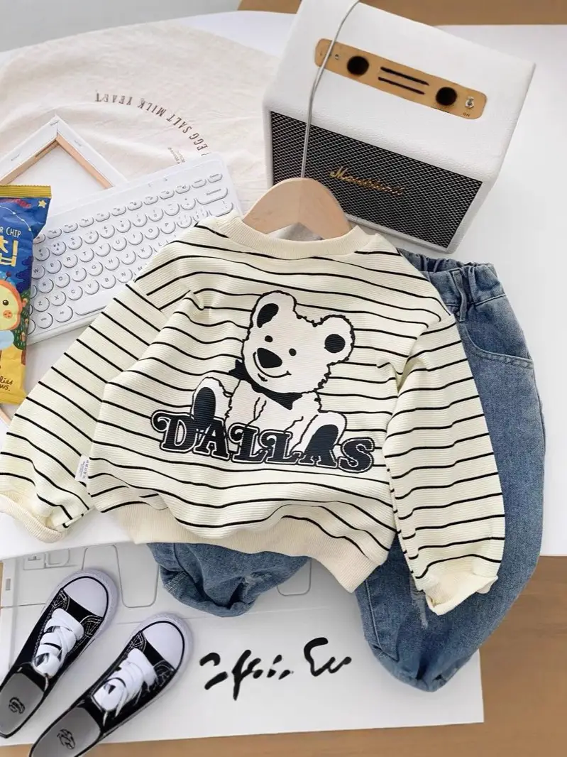 Boys Cotton Striped Long Sleeve T-Shirt Panda Print - Image 5