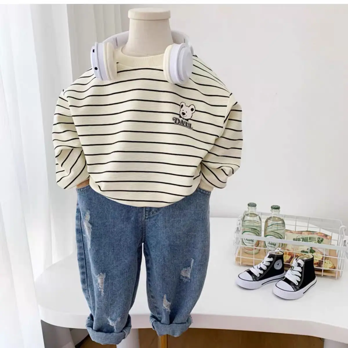 Boys Cotton Striped Long Sleeve T-Shirt Panda Print — feature 7