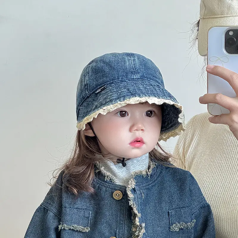 Children's Blue Denim Big Brim Peaked Cap with Lace