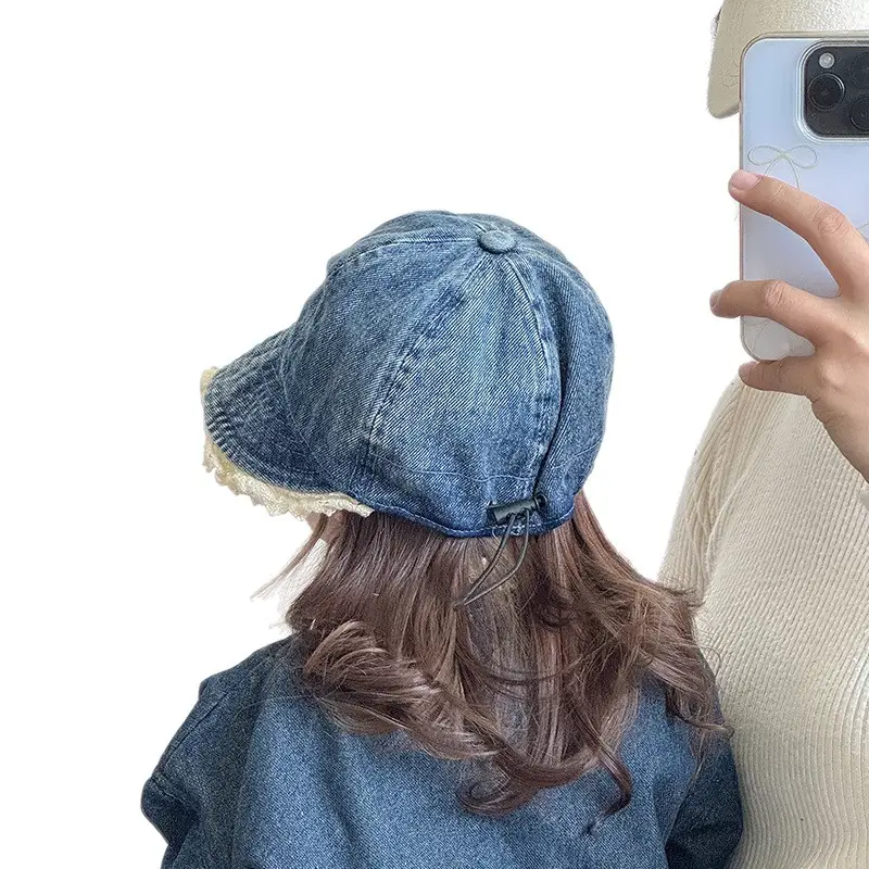 Children's Blue Denim Big Brim Peaked Cap with Lace