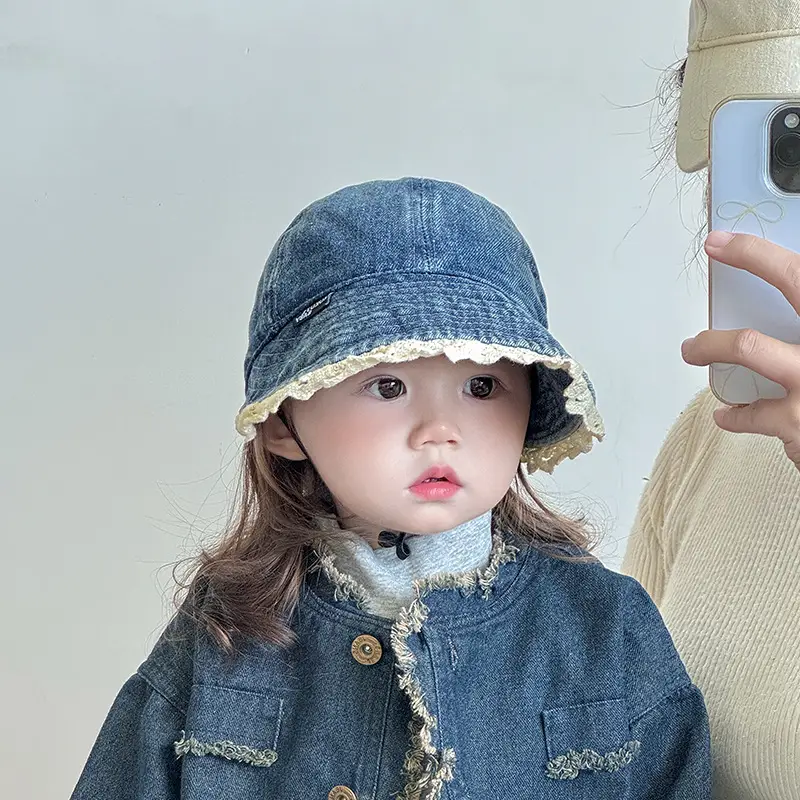 Children's Blue Denim Big Brim Peaked Cap with Lace — feature 2