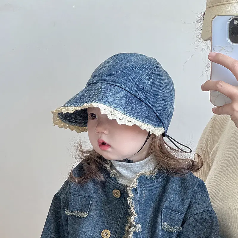 Children's Blue Denim Big Brim Peaked Cap with Lace — feature 4