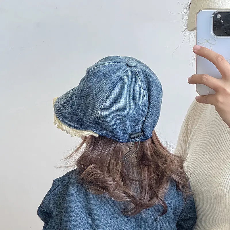Children's Blue Denim Big Brim Peaked Cap with Lace — feature 5