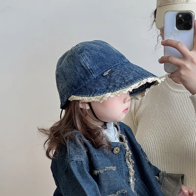 Children's Blue Denim Big Brim Peaked Cap with Lace — feature 6