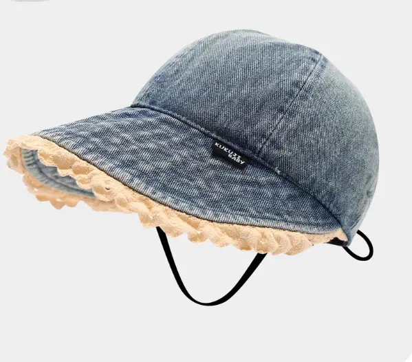 Children's Blue Denim Big Brim Peaked Cap with Lace