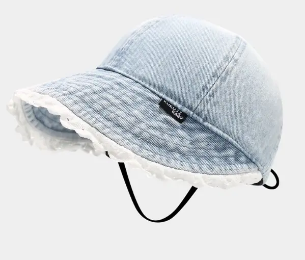Children's Blue Denim Big Brim Peaked Cap with Lace
