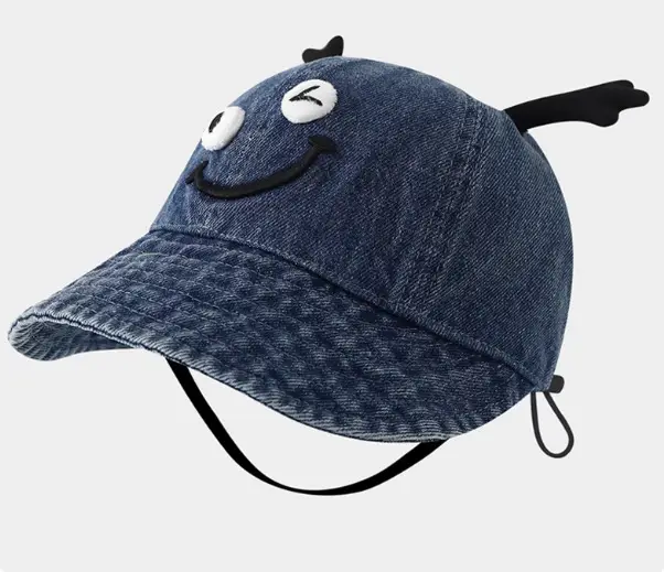 Children's Blue Denim Big Brim Peaked Cap with Lace