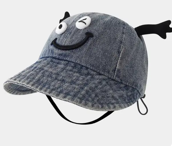 Children's Blue Denim Big Brim Peaked Cap with Lace