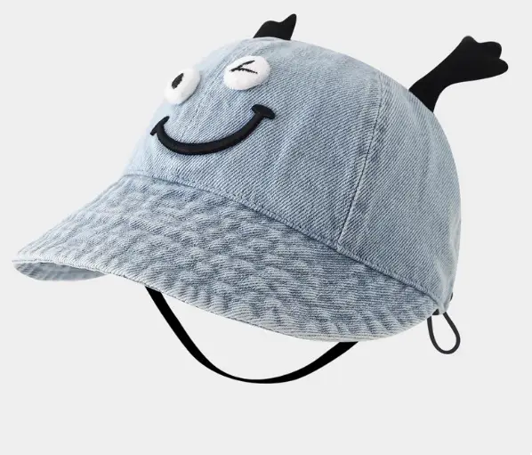 Children's Blue Denim Big Brim Peaked Cap with Lace