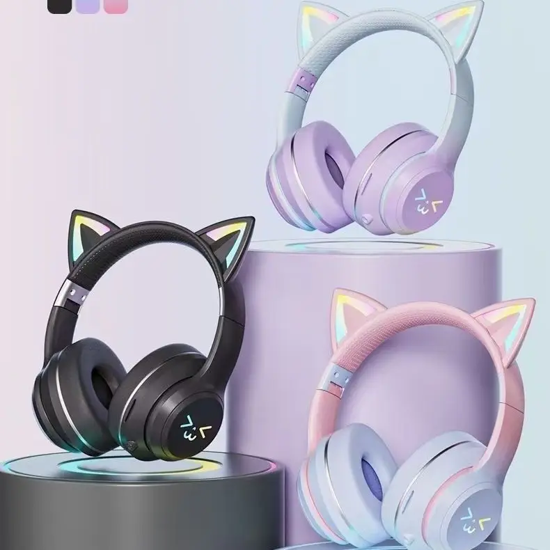 Over-Ear Bluetooth Headset with RGB Light & Cat Ear Design
