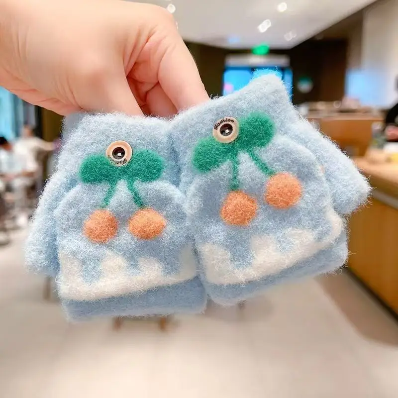 Autumn and Winter Cartoon Fruit Kidsren's Flip-Up Gloves Fingerless Outdoor Cold-Proof Half-Finger Warm Gloves for Male and Female Babies and Toddlers