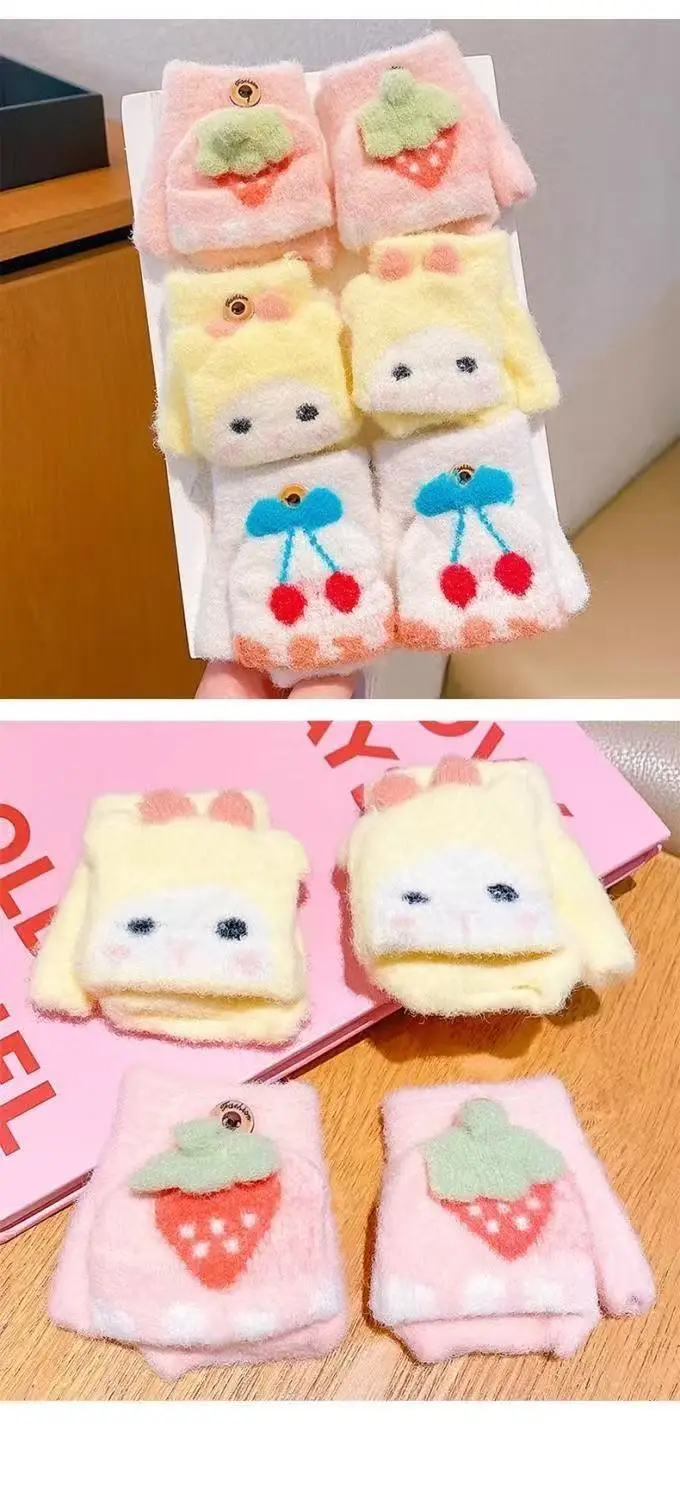 Autumn and Winter Cartoon Fruit Kidsren's Flip-Up Gloves Fingerless Outdoor Cold-Proof Half-Finger Warm Gloves for Male and Female Babies and Toddlers — feature 9