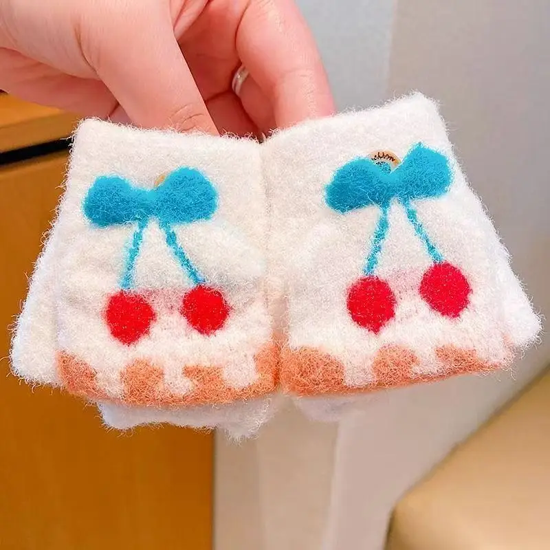 Autumn and Winter Cartoon Fruit Kidsren's Flip-Up Gloves Fingerless Outdoor Cold-Proof Half-Finger Warm Gloves for Male and Female Babies and Toddlers