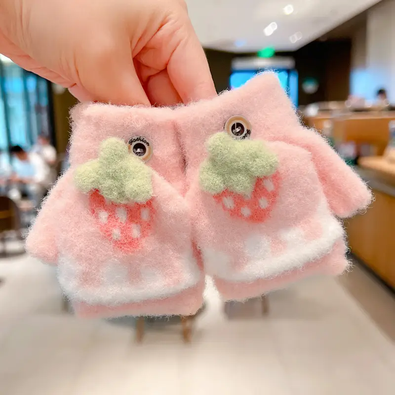 Autumn and Winter Cartoon Fruit Kidsren's Flip-Up Gloves Fingerless Outdoor Cold-Proof Half-Finger Warm Gloves for Male and Female Babies and Toddlers